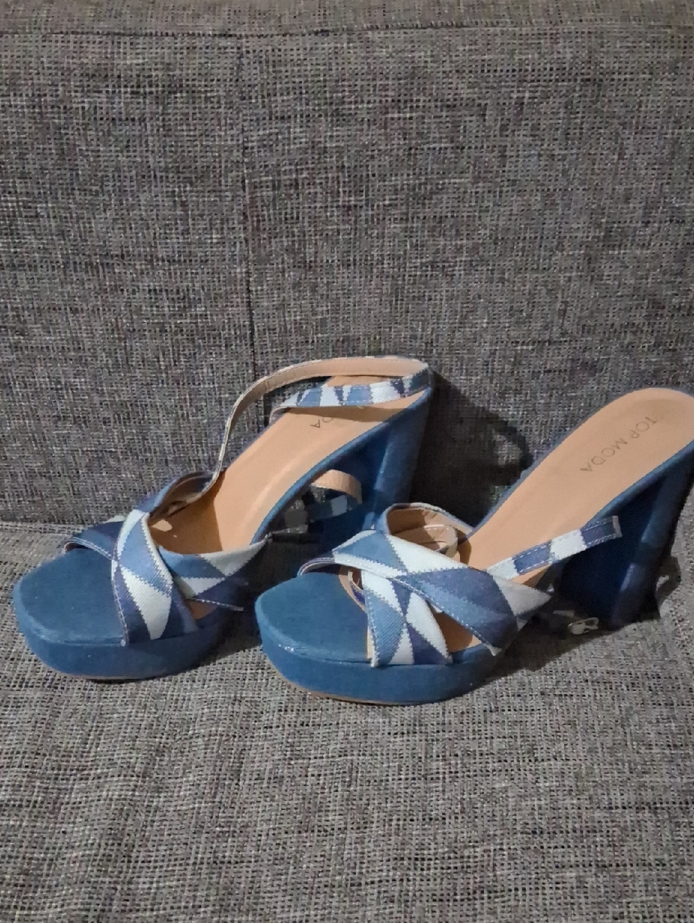 Denim Blue Platform Slingback Heels with Ankle Straps